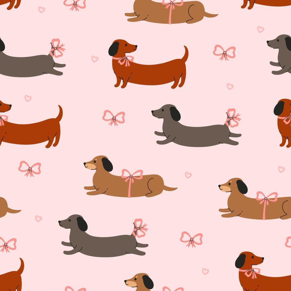 Seamless pattern with dachshunds, bows and hearts. graphics vector