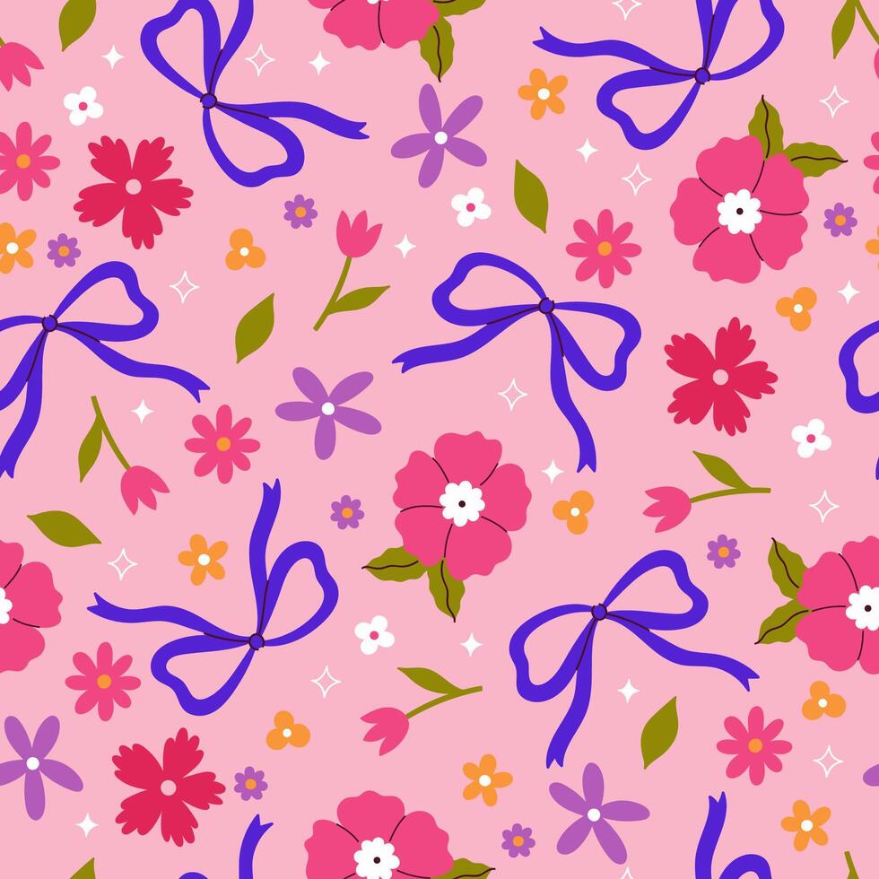 Seamless pattern with flowers and blue bows. graphics. vector