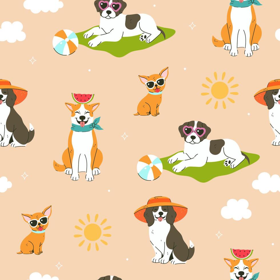 Seamless pattern with cute summer dogs. graphics. vector