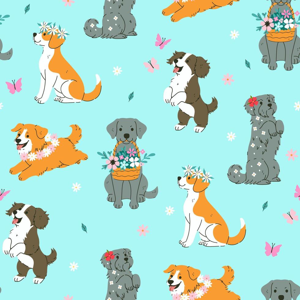 Seamless pattern with cute summer dogs and flowers. graphics vector