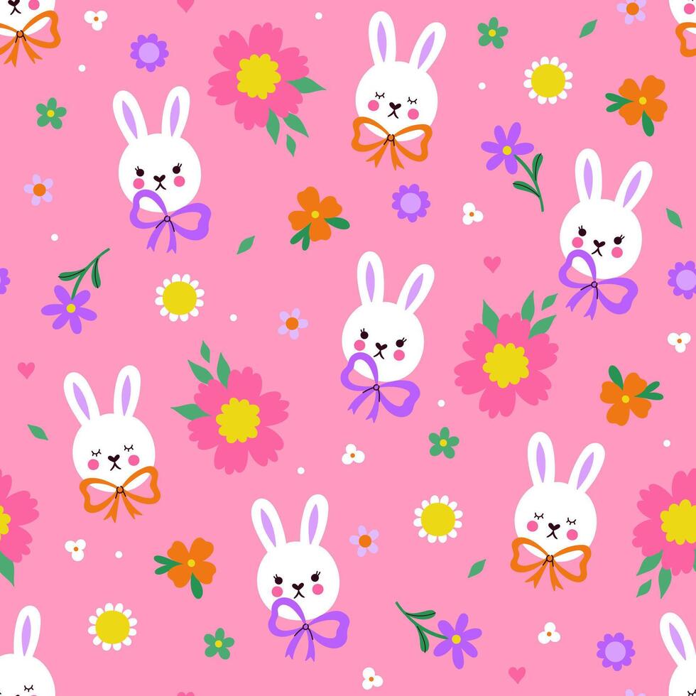 Seamless pattern with cute bunny faces, bows and flowers. graphics vector