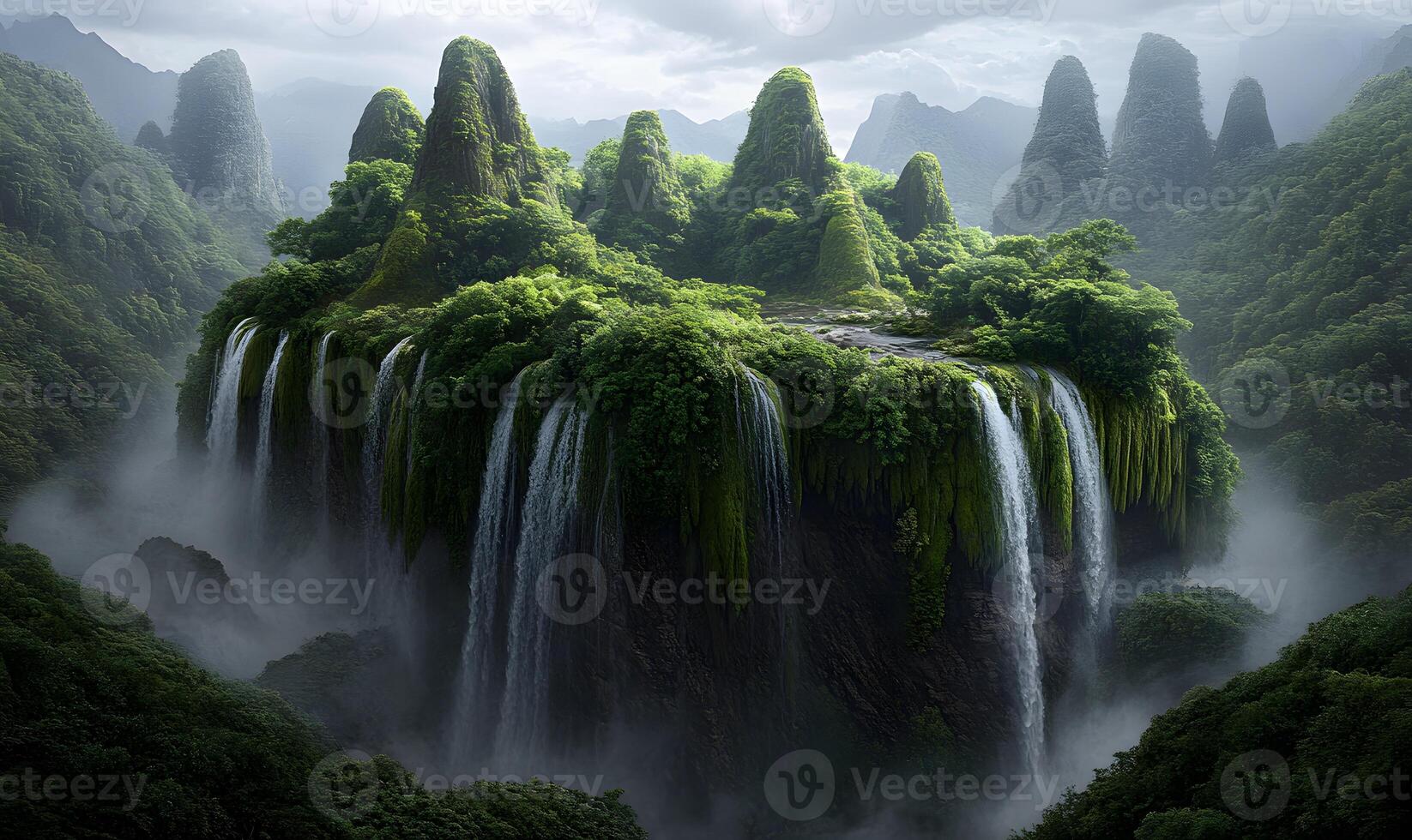 Lush Island Waterfall Cascading Down Verdant Cliffs photo