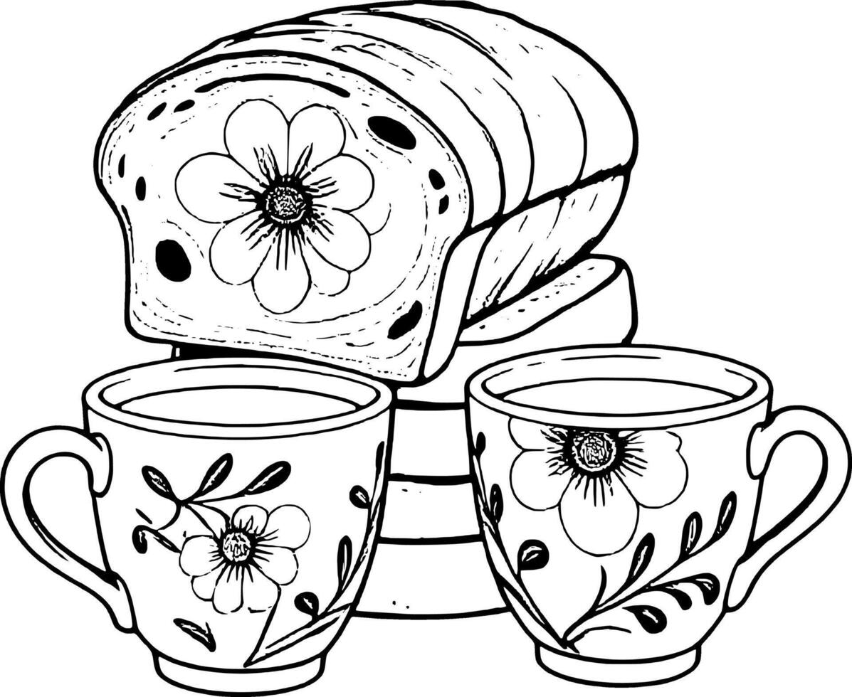 Artistic Still Life Sliced Bread with Floral Center and Two Decorated Tea Cups Isolated vector