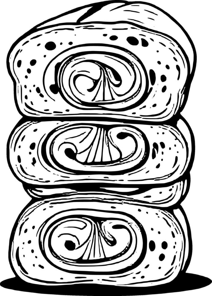Stack Of Rolled Sweet Breads With Cream Filling Black And White Artistic Illustration Style vector