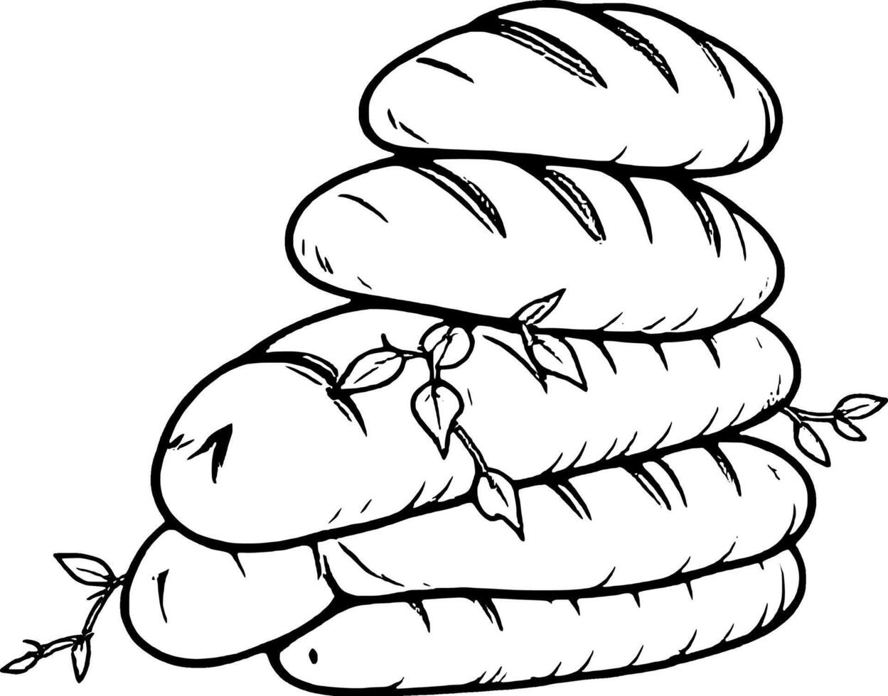 Stacked Loaves Illustration With Vine Accents Black Outline On White Minimalist Bakery Design vector