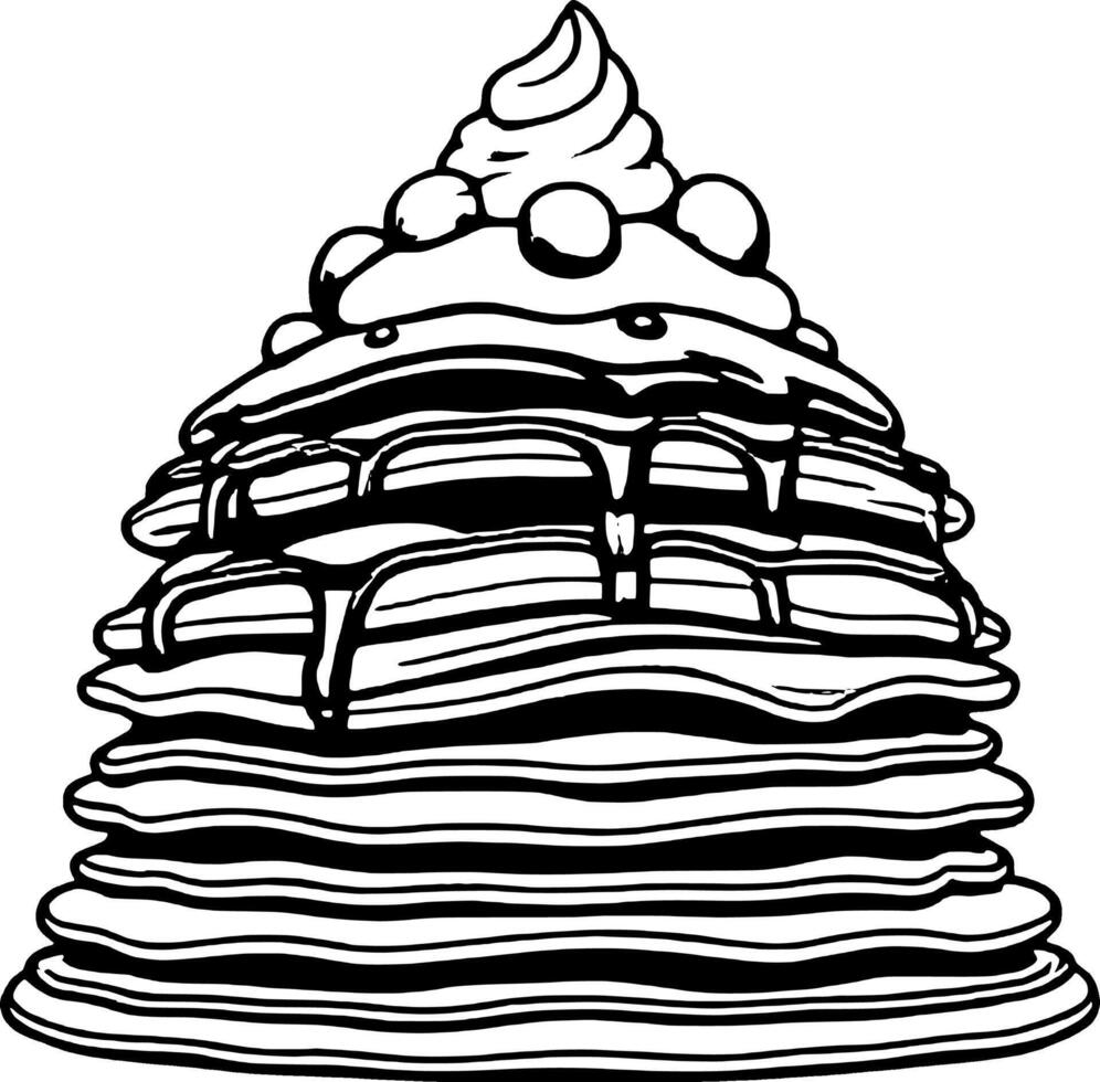 Stack Of Fluffy Pancakes With Drizzled Syrup And Topped With Cream And Berries Illustration vector