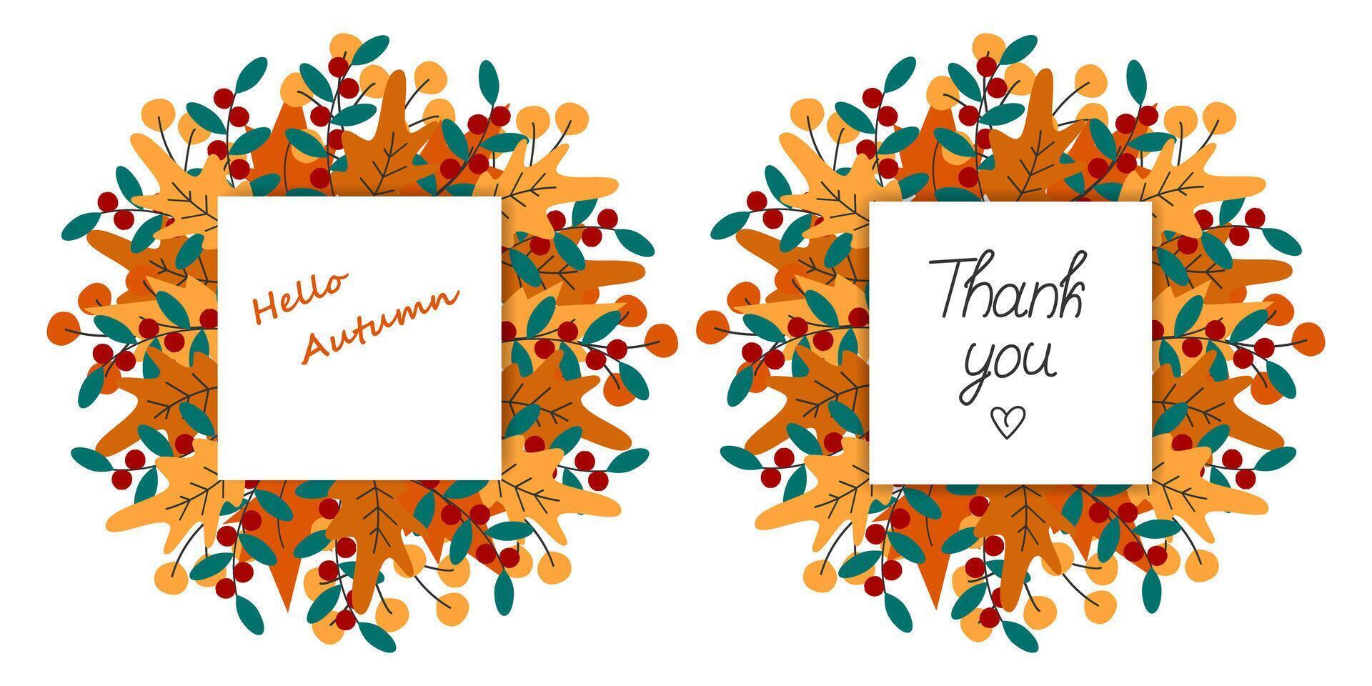 Autumn Leaves Wreaths and Note Pages with Hello Autumn and Thank you freehand text Greeting idea Set. Isolated illustration Invite Thematic Cards Posters or web promo banner, leaflets, stickers vector