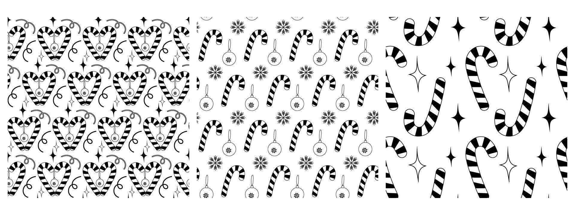 Striped Candy Cane Heart shaped and Christmas decorations Seamless Patterns winter Holidays fond Set. Isolated illustration Thematic Greeting Cards Invite Wallpaper or web promo banner, leaflet vector