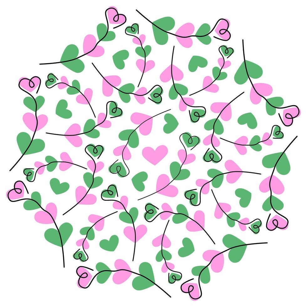 Freehand Heart Shape Branches on trendy pink and green heart shape Summertime abstract backdrop idea. Isolated Illustration Thematic Greeting Cards Party Invite Backdrop Poster, leaflet, banner vector