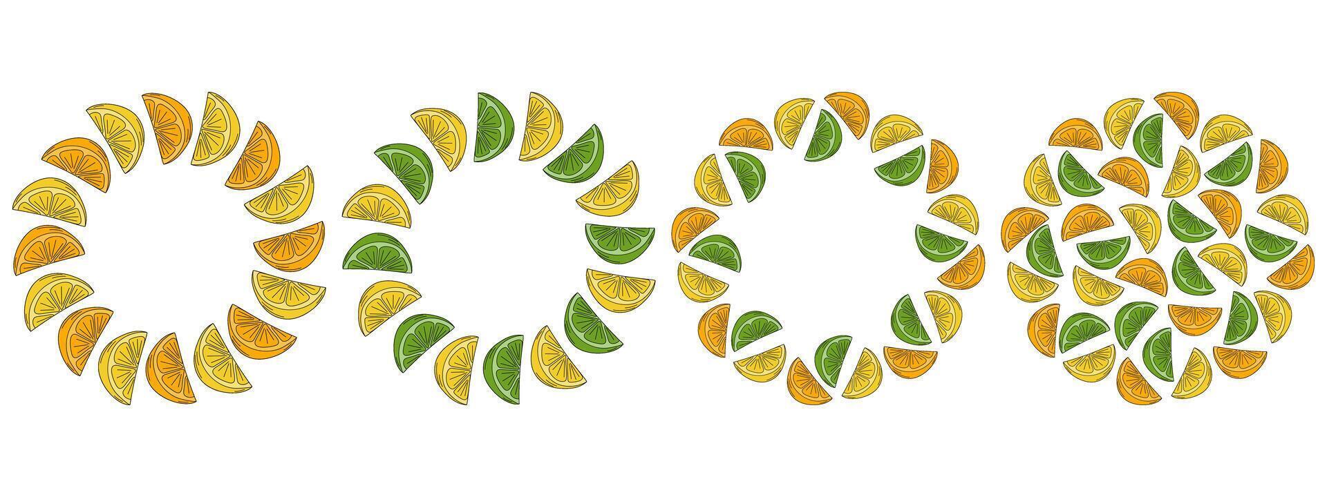 Orange Lemon Lime Circular Frame border Copy space and Round Background Citrus Template idea Set 4. Isolated illustration Thematic Cards, poster, label or web promo leaflets, banner, price tag vector