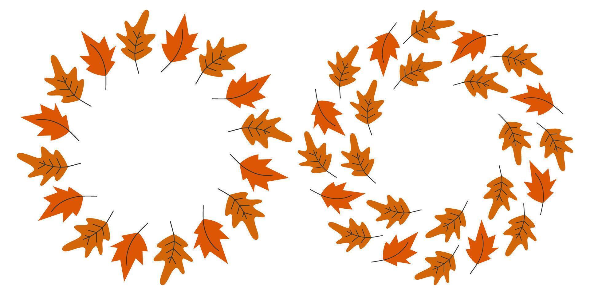 Hand drawn Oak and Maple leaves Circle Frame border Trendy Fall shades Copy space Template idea Set. Isolated illustration Festive Greeting Cards, poster, leaflets, label or web promo banners vector