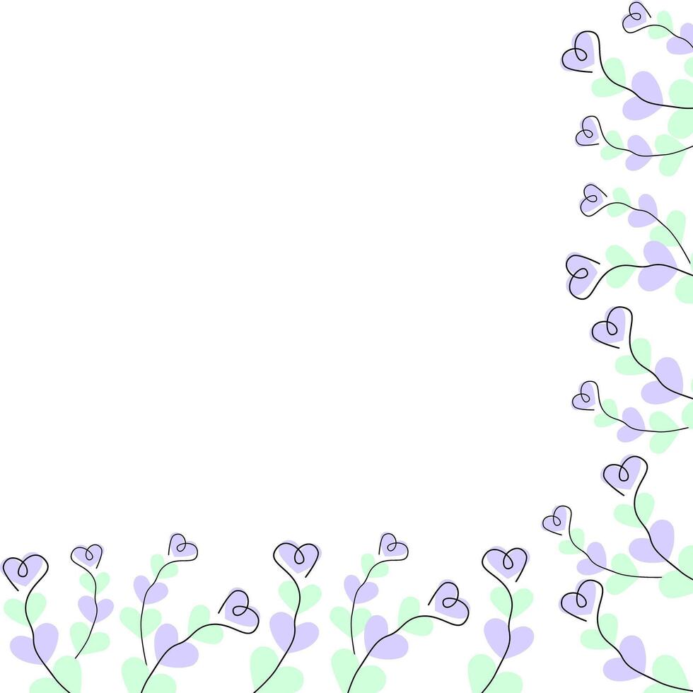 Corner Frame Border Outline Hearts shape branches Lavender and mint hearts Copy space Template idea. Isolated illustration Greeting Invitation Thematic Card, poster or web promo banner, leaflet vector