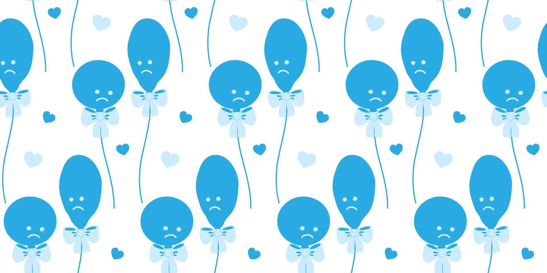 Circular and Deflated balloons on rope with tied Ribbon bow Monochrome Seamless Pattern with hearts. Isolated illustration Blue Monday Event or Party invite Background or print materials fond vector