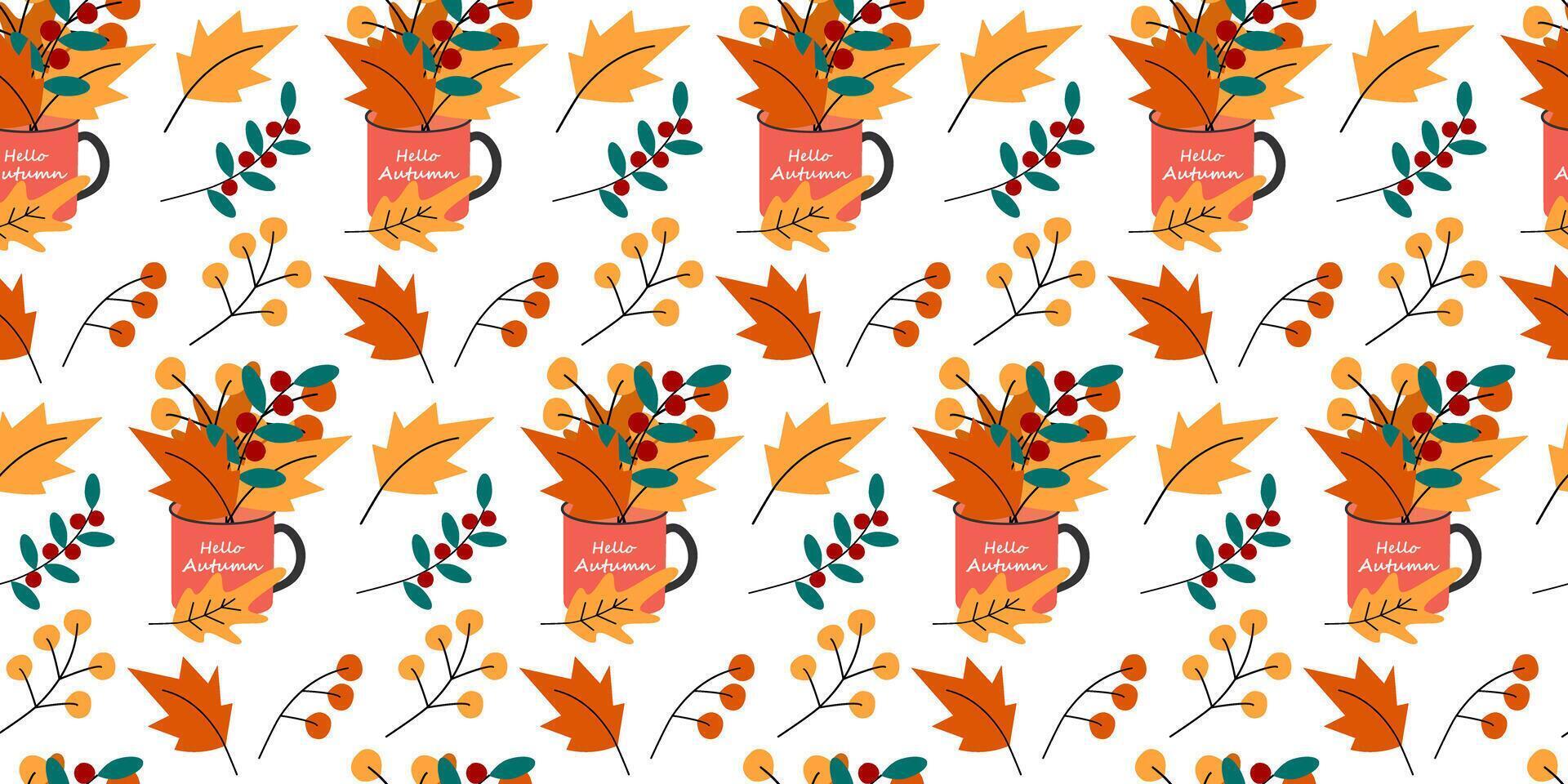 Dry leaves and twigs Bouquet Arrangement in cup with Hello Autumn text Seamless Pattern Fall shades. Isolated illustration Autumn Thematic Cards, Greeting Invite, leaflet, label or promo banner vector
