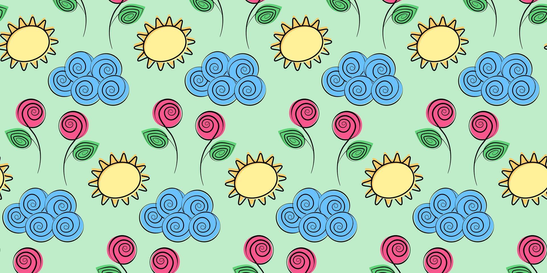 Stylized Roses on stem, Cloud and Sun Seamless Pattern on soft green Springtime Background Texture. Isolated illustration Seasonal Thematic Cards Wrapping Wallpaper or web promo banner, leaflet vector