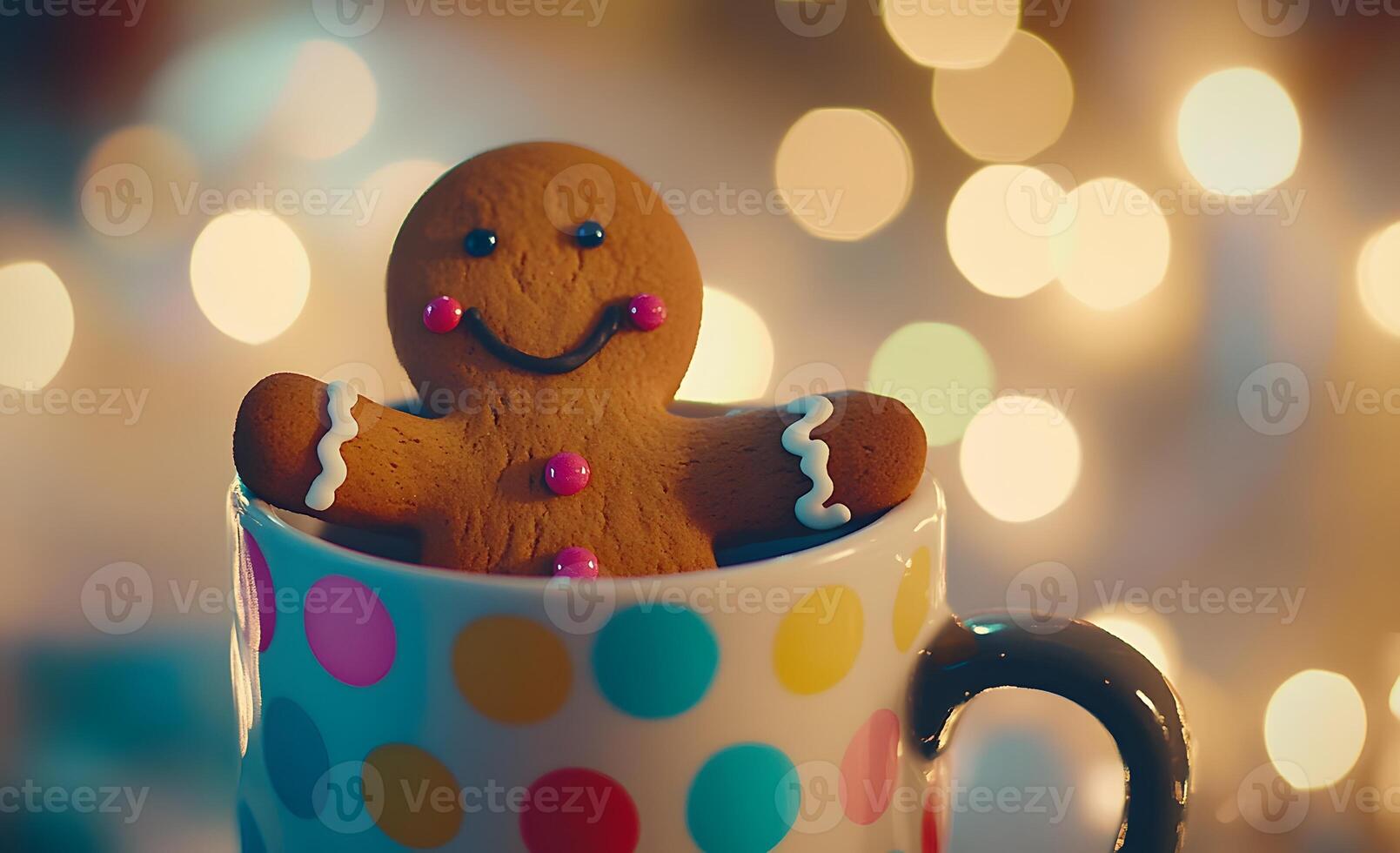 A Smiling Gingerbread Man in a Colorful Mug photo