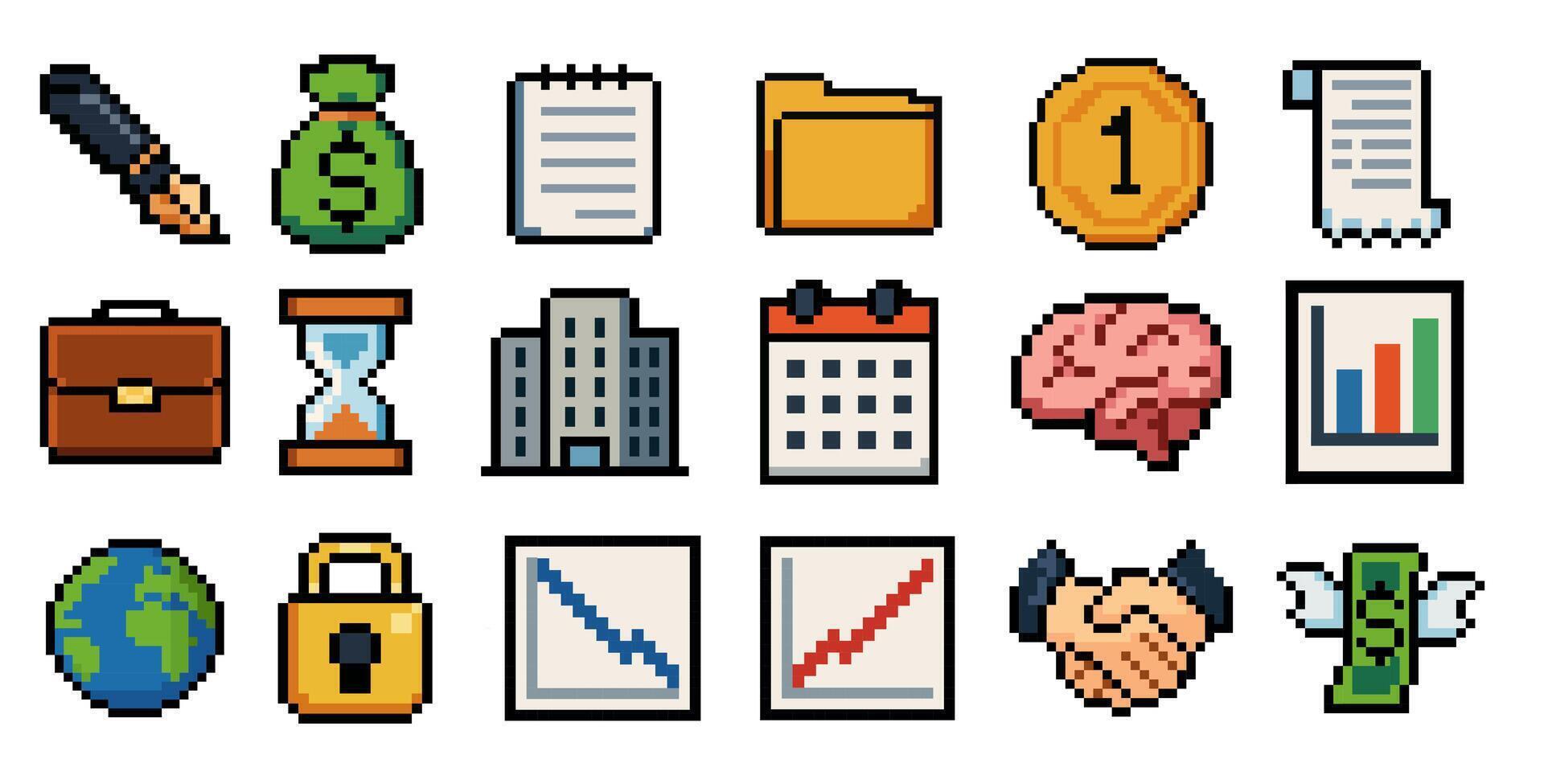 Pixel Art Business Icons Set 16 Colorful Elements vector