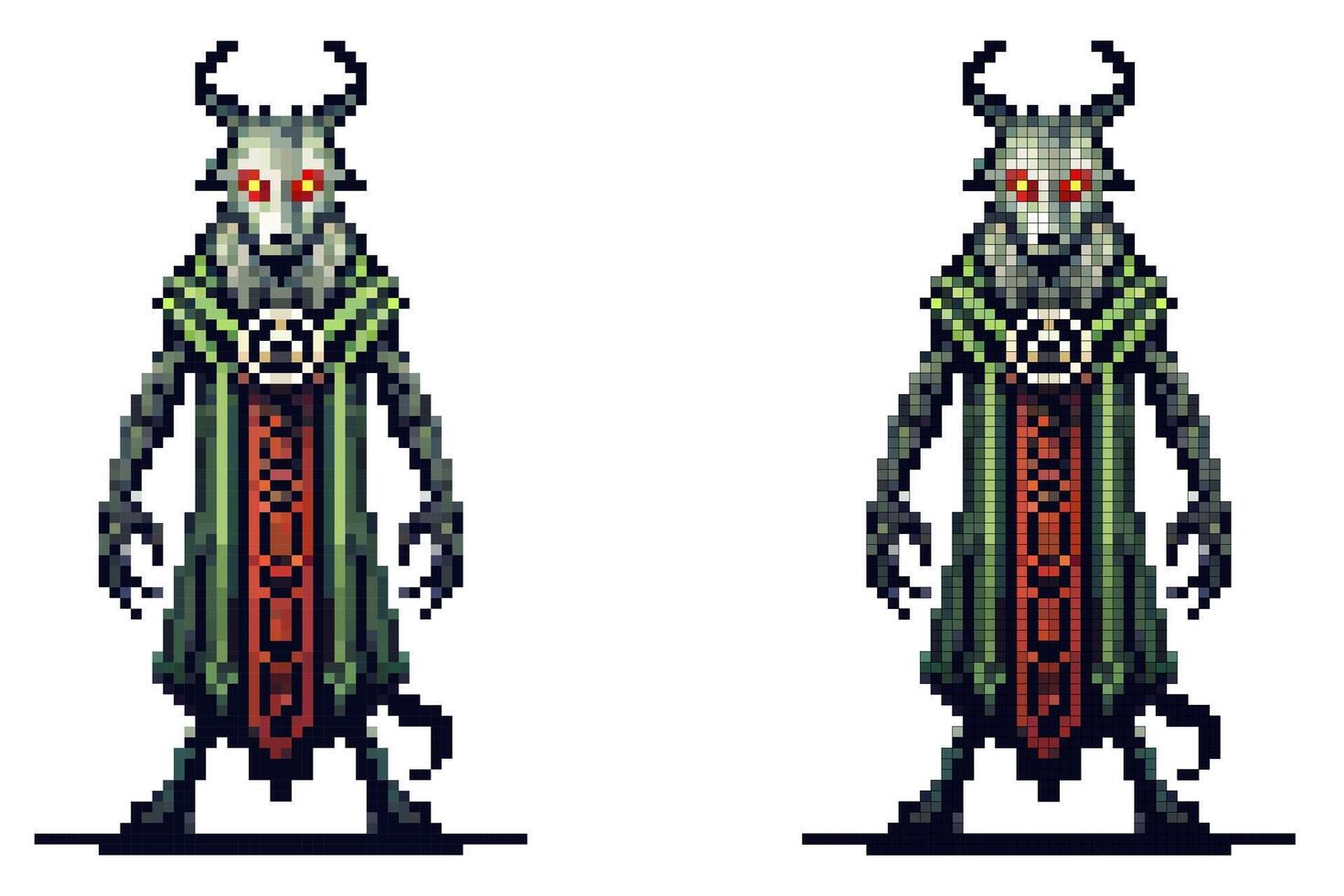 A pixel art creature with glowing red eyes horns and a robe evoking dark fantasy and mystery isolated on white background vector