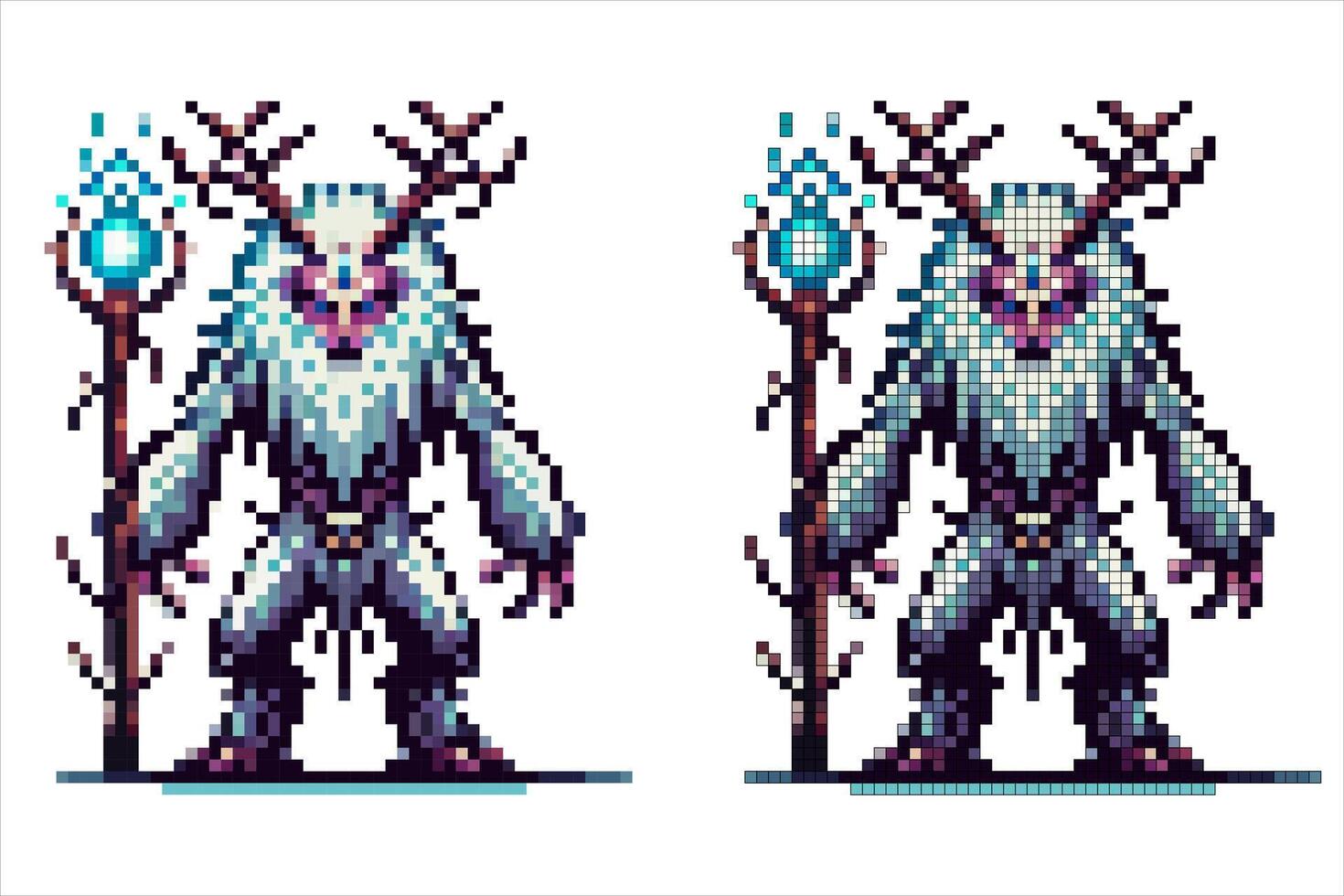Pixel art fantasy creature with white fur antlers holding a glowing staff with a blue orb isolated on a white background vector