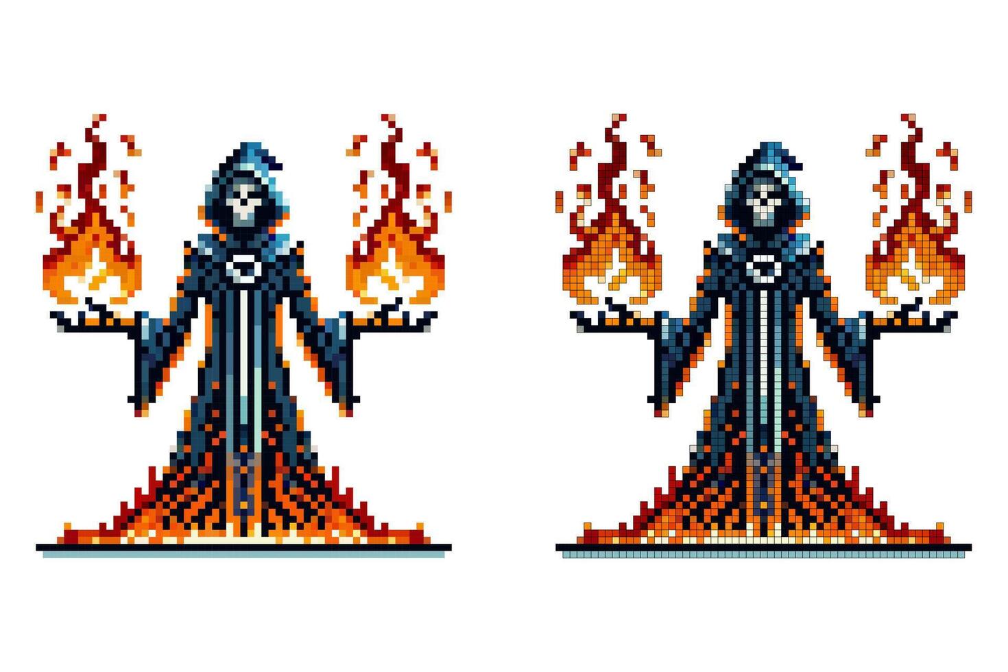 Pixel art wizard in a dark robe with blue and orange accents wielding fire magic in both hands on white background vector