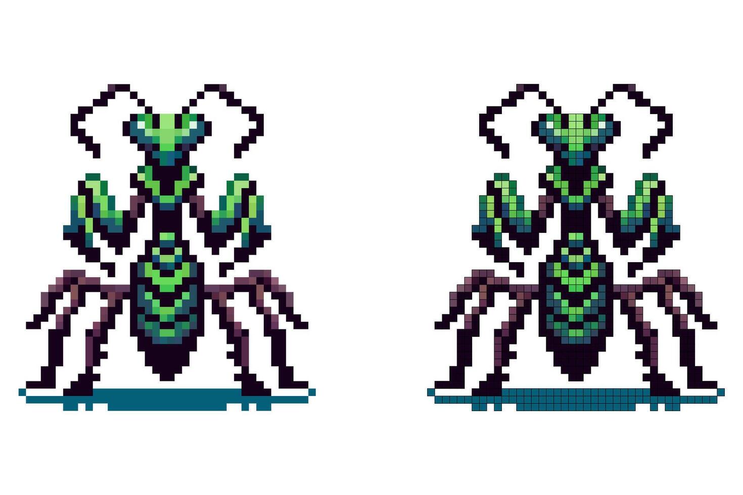 Pixel art image of a bright green mantis with detailed segments and realistic front legs in an impressive pose vector