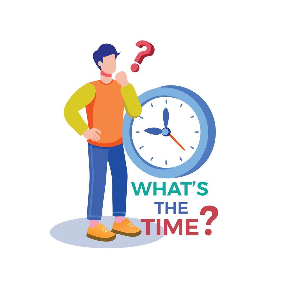 Time Management Man against Clock asking, Whats The Time, Cartoon illustration, young man Stands in front of a giant clock vector