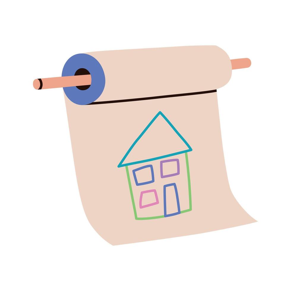 Cartoon illustration of childrens drawing on roll of paper with colorful house. Creative activity for kids, early art exploration, fun and learning through drawing, doodle icon vector