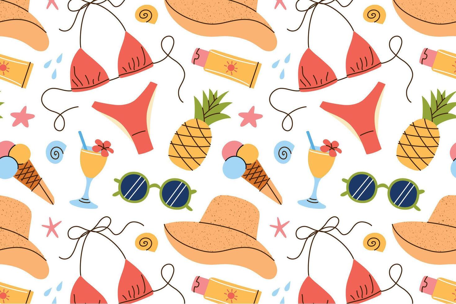 Seamless summer pattern for women. Bright beach vacation mood with sun hat, bikini, sunglasses, ice cream, lemonade, sunscreen, and seashells. Flat cartoon style for textile or background vector