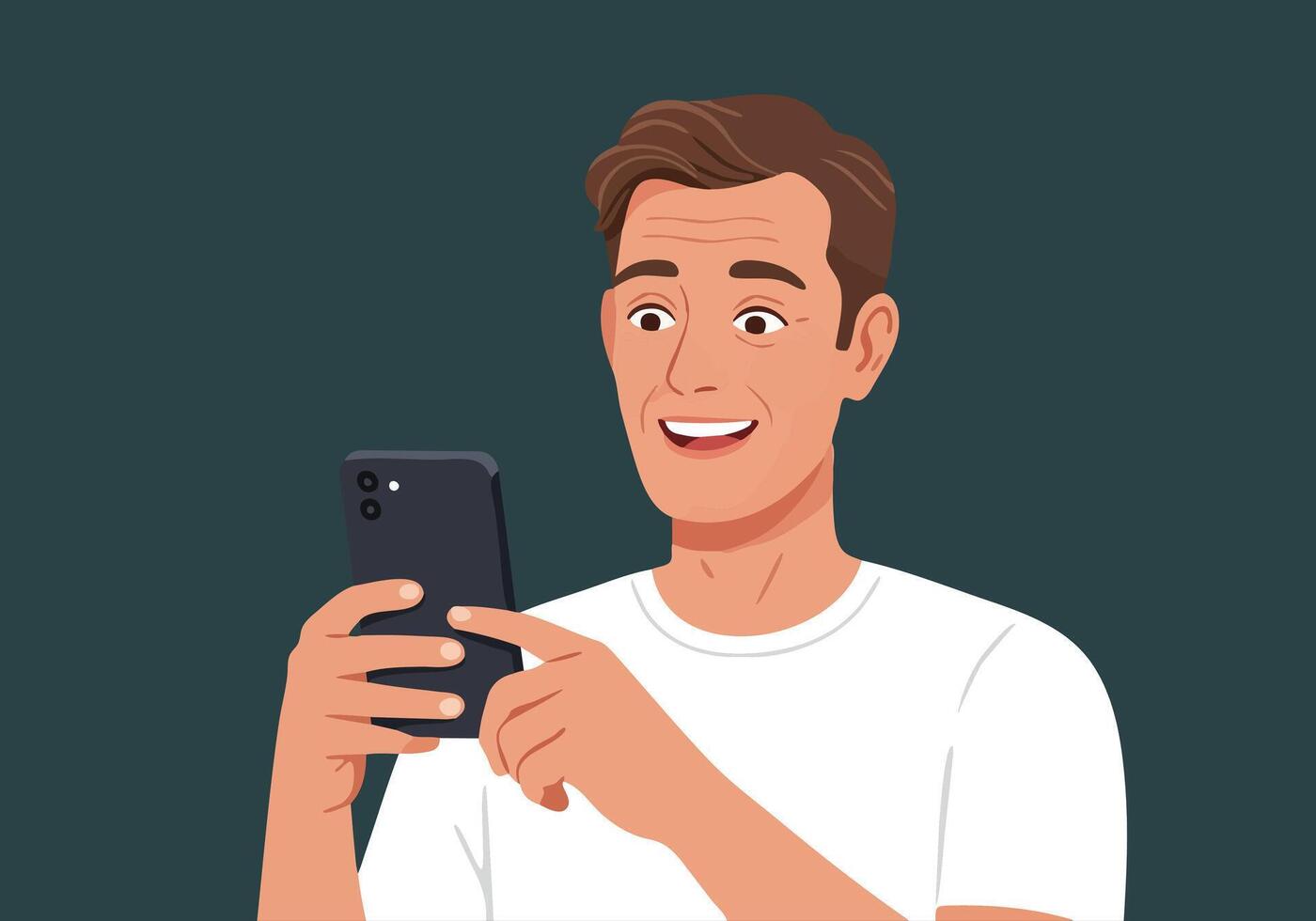 Young Man Smiling While Looking at Smartphone vector