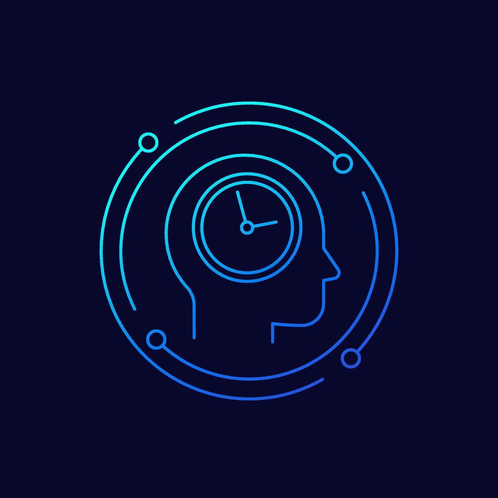 patience icon with clock and a head, linear design vector
