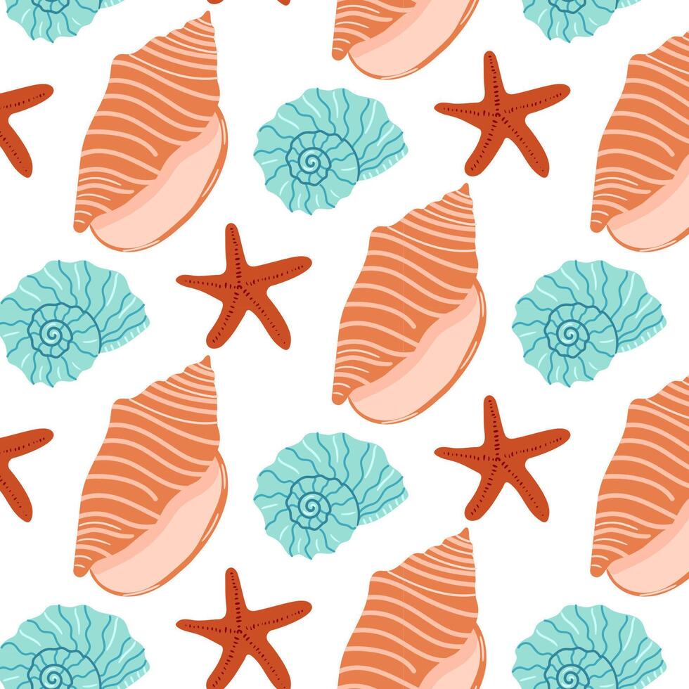 Colorful sea-life pattern featuring shells, starfish, and waves in vibrant styles vector