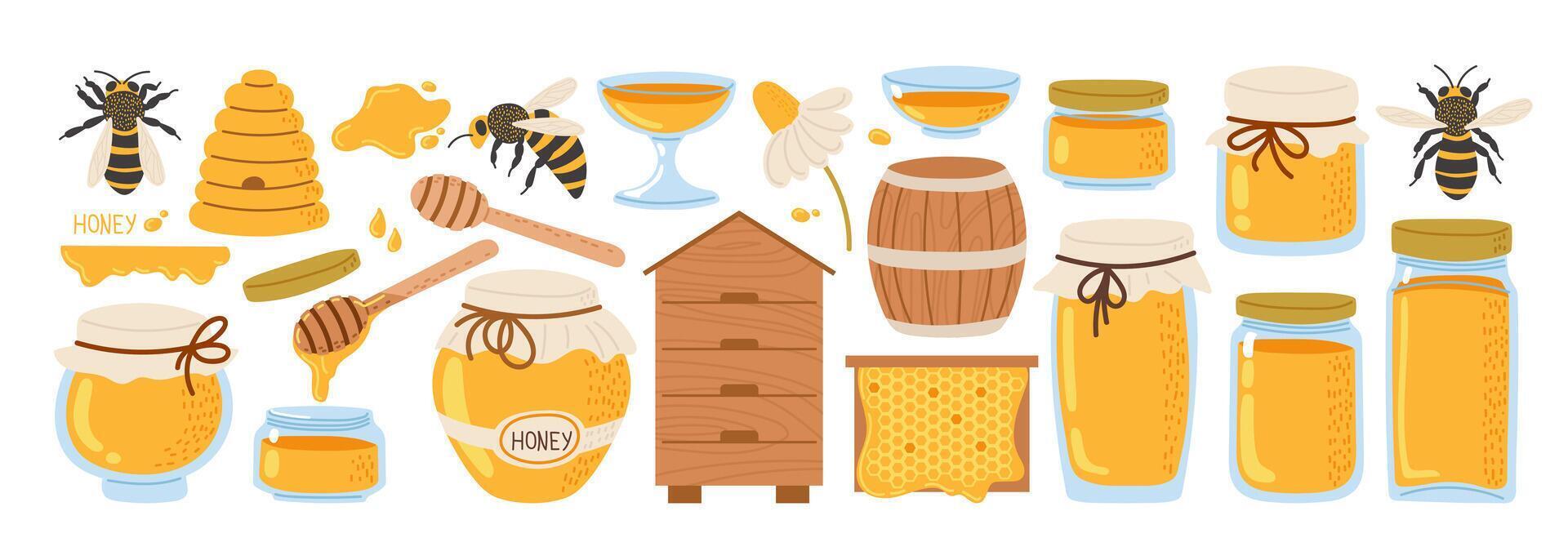 Diverse honey products and bees in an illustrated layout showcasing sweetness and nature vector