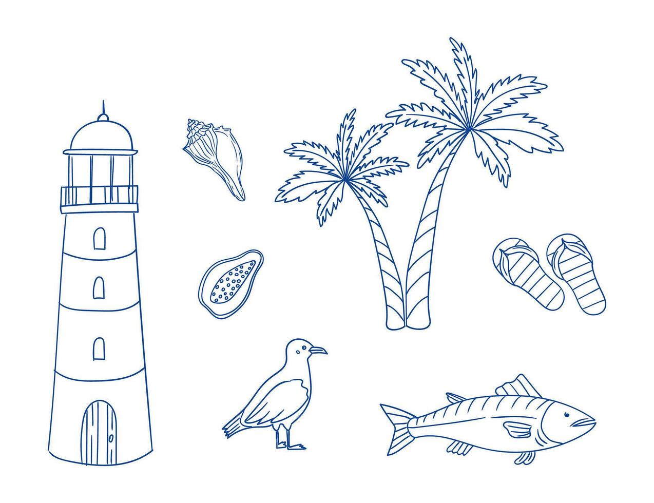 Coastal elements featuring a lighthouse, palm trees, and marine life in a tropical setting vector