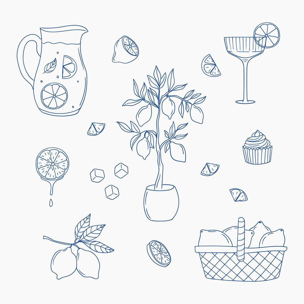 Lemon-themed illustrations featuring drinks, desserts, and fresh fruit in a creative design vector