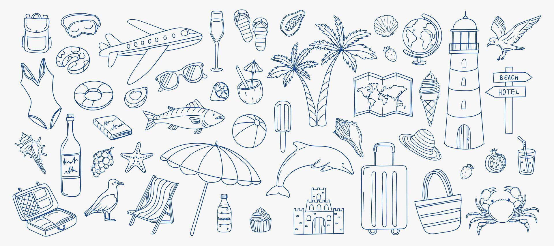 Illustrations of summer vacation items and activities in a beach setting vector