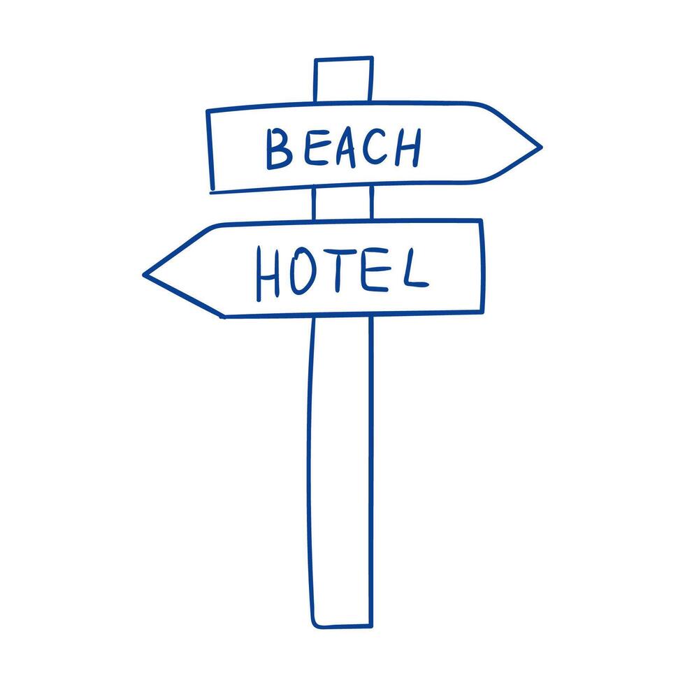 Directional sign pointing to beach and hotel near coastal area during sunny day vector
