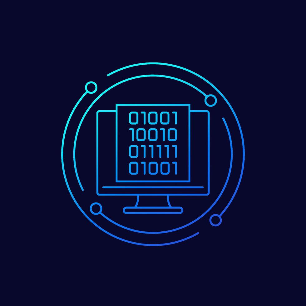 Binary code icon with a computer, linear design vector