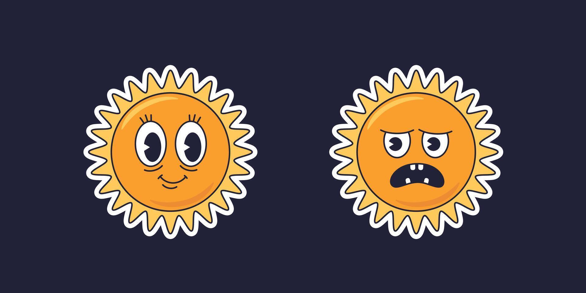 sun with happy and sad face, vintage cartoon character, stickers on dark vector