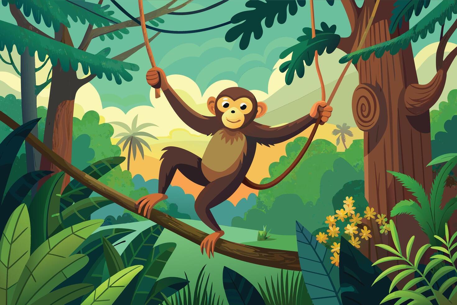 amonkey swinging between branches in arainforest vector