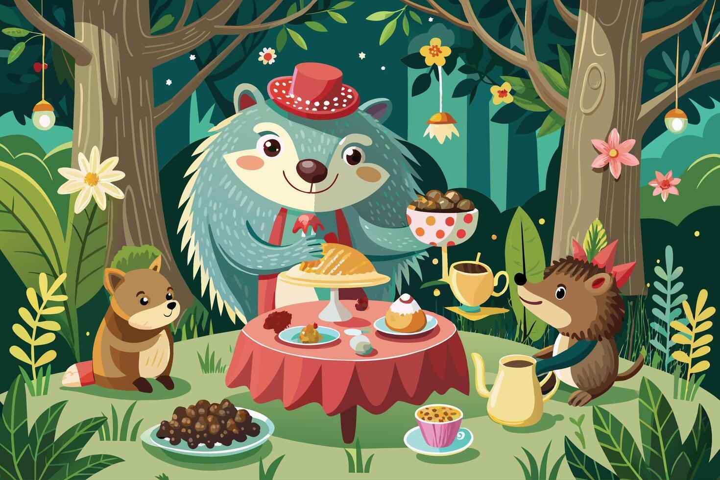 ahedgehog having ateaparty with woodland creatures vector