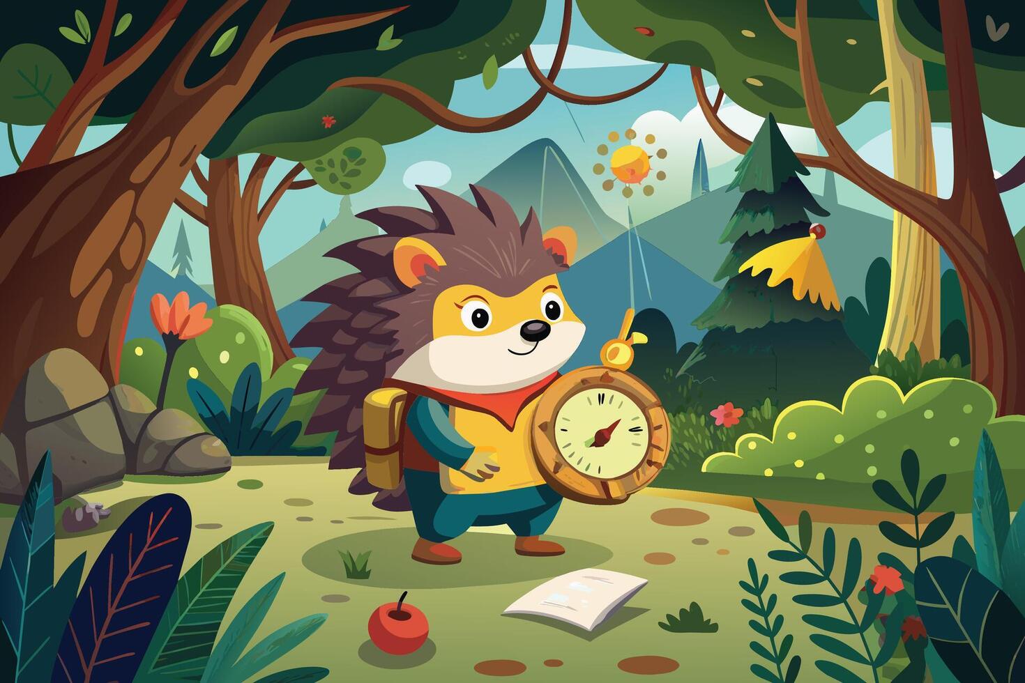 ahedgehog with amap and compass exploring amysterious forest vector
