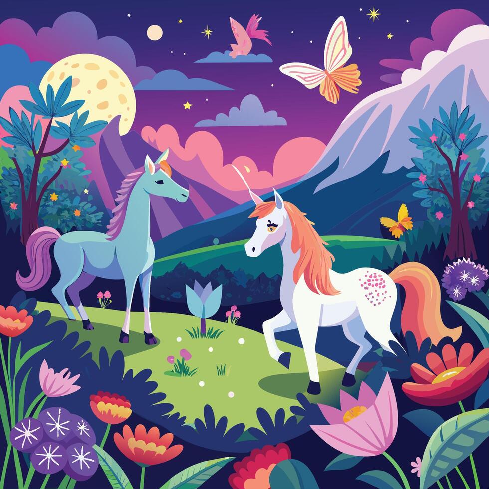 apeaceful meadow with grazing unicorns and shimmering butterflies Illustration vector