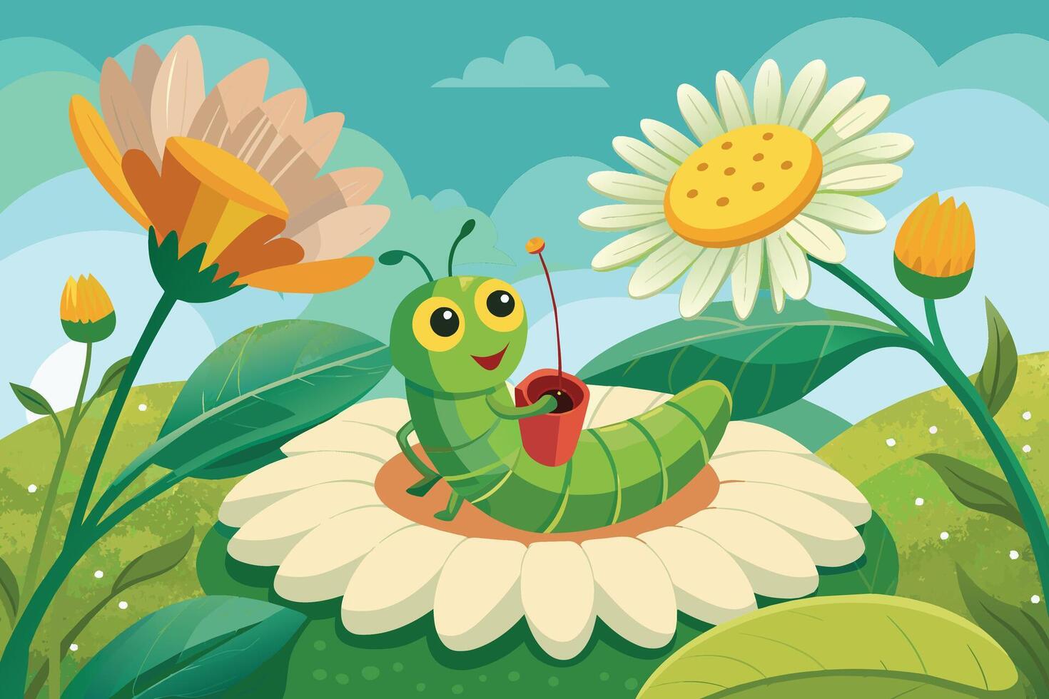 caterpillar enjoying apicnic on acolossal daisy petal, surrounded by miniature treats like tiny sandwiches and colorful flower vector
