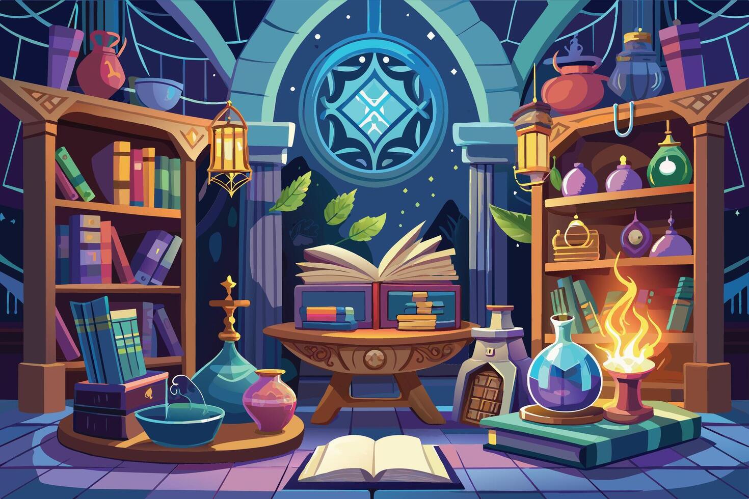 Fantastical library filled with spellbooks, magical artifacts, and ancient tomes Illustration vector