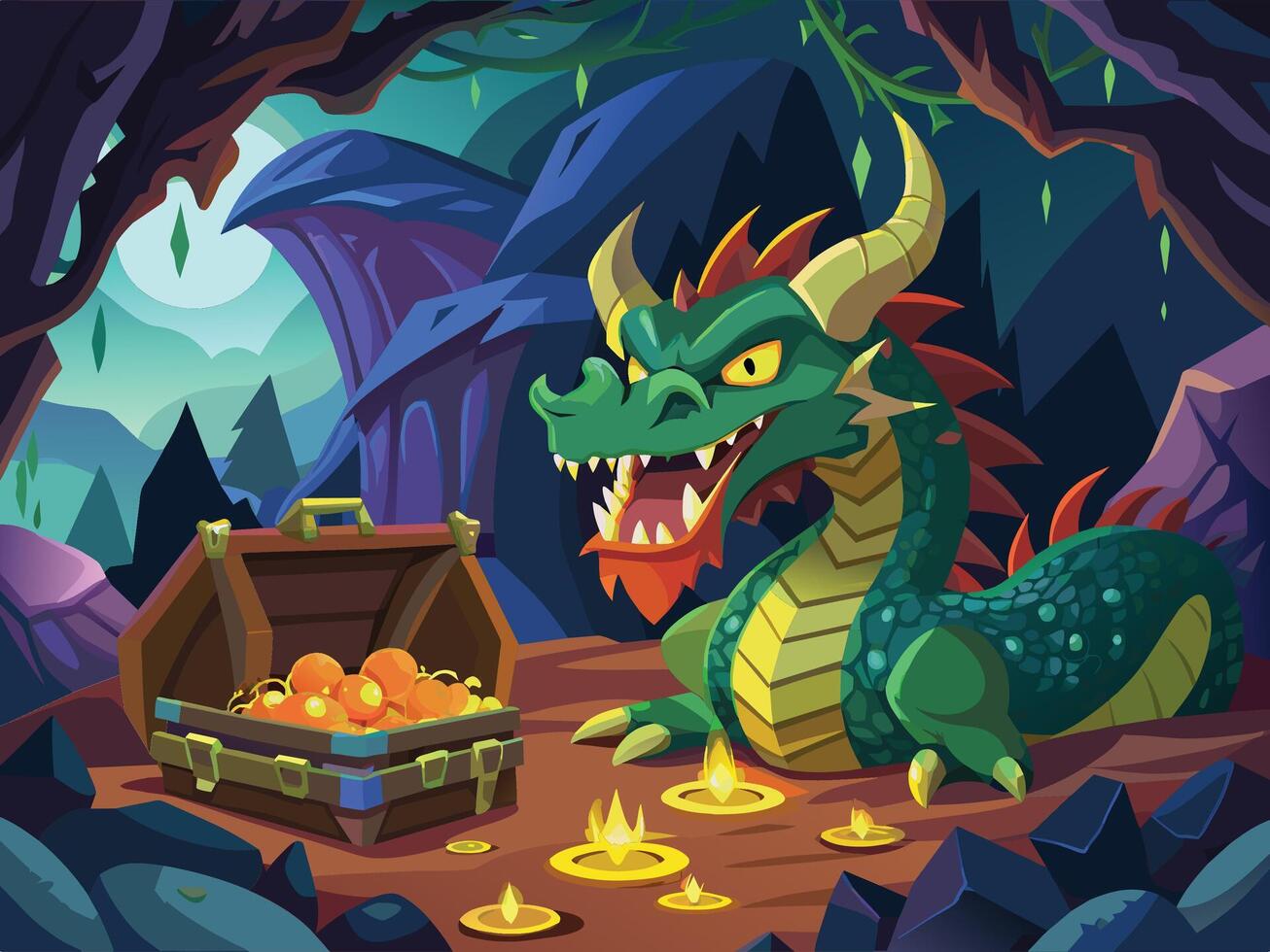 Fierce dragon guarding atreasure hoard in adark cave Illustration vector