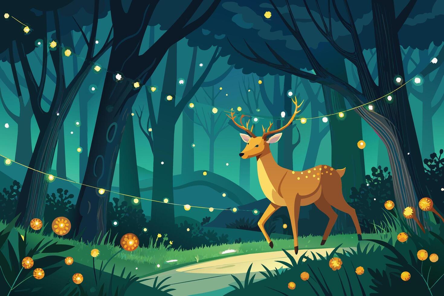 Deer leading aline of fireflies through the woods vector