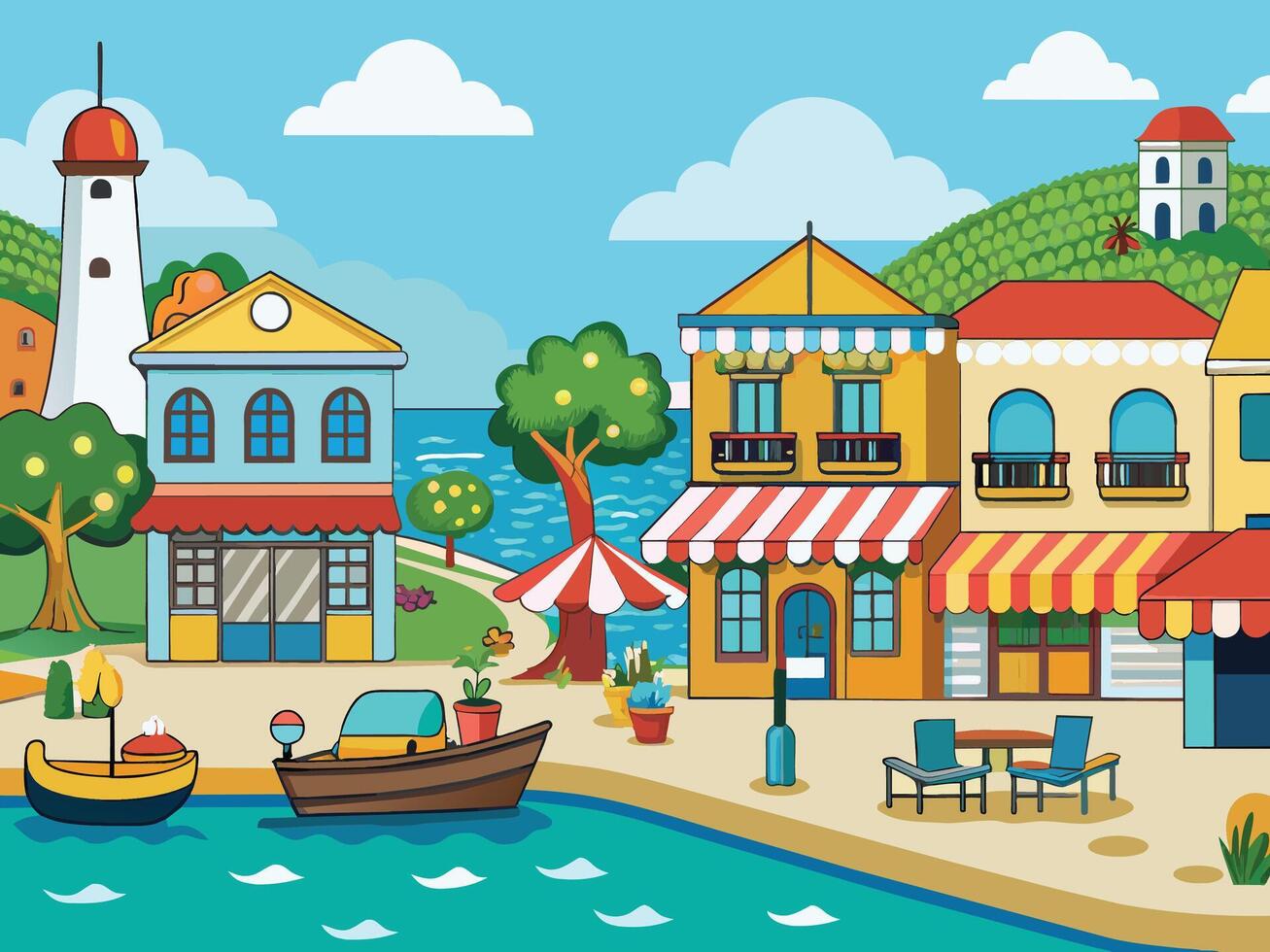 acharming seaside town with quaint shops and cafes Illustration vector