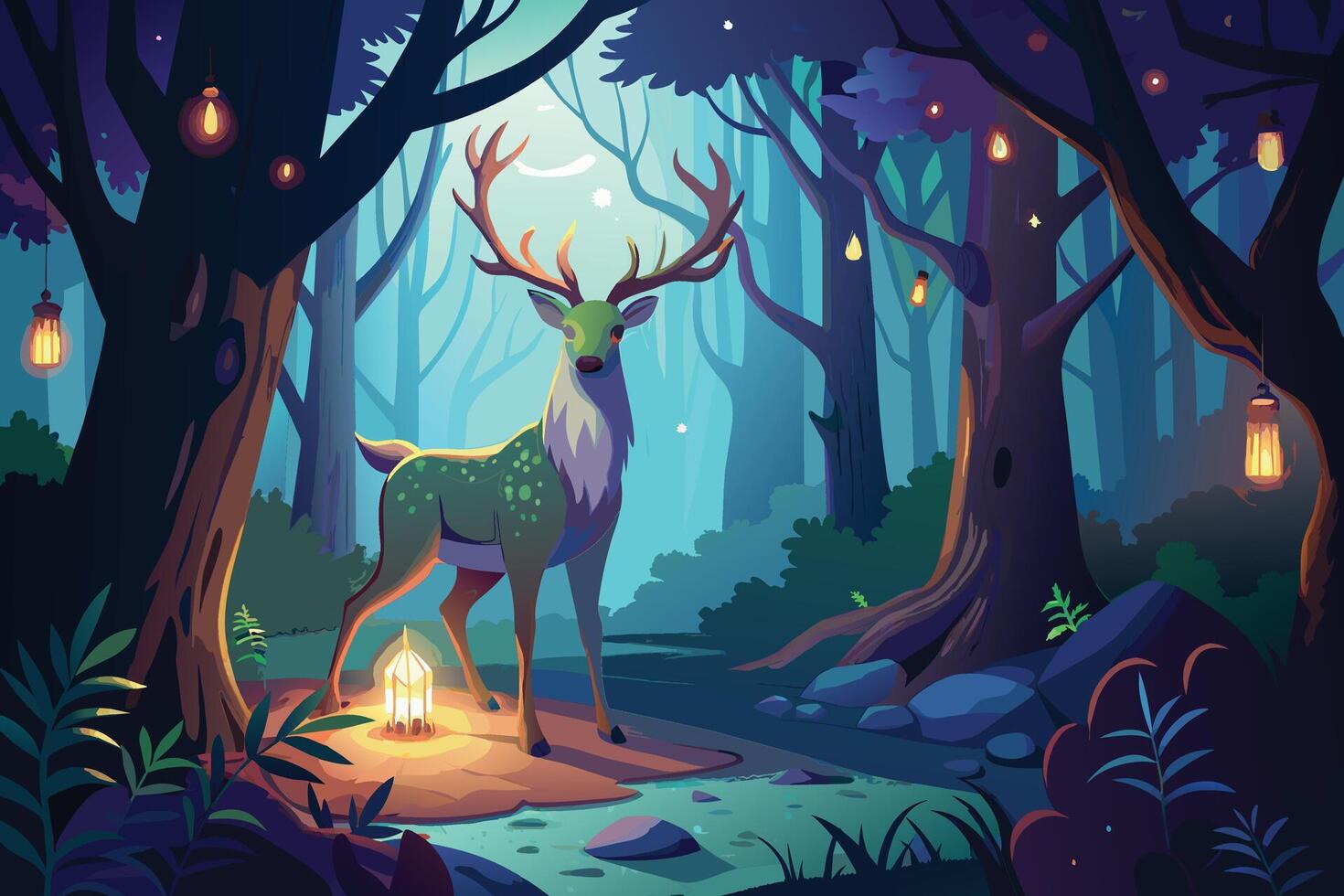adeer with amagical glowing lantern in adark forest vector