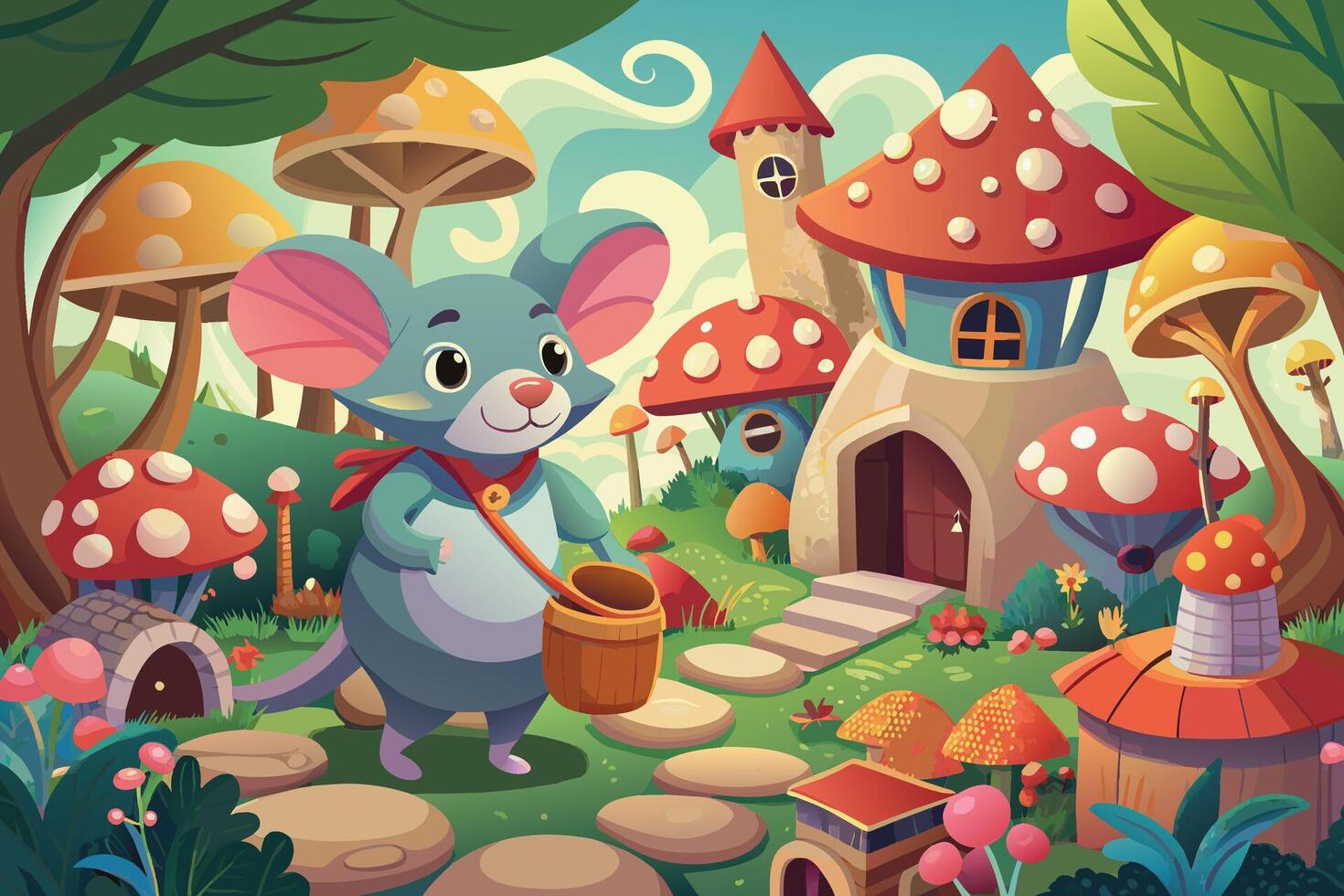 amouse exploring aminiature village made of mushrooms vector