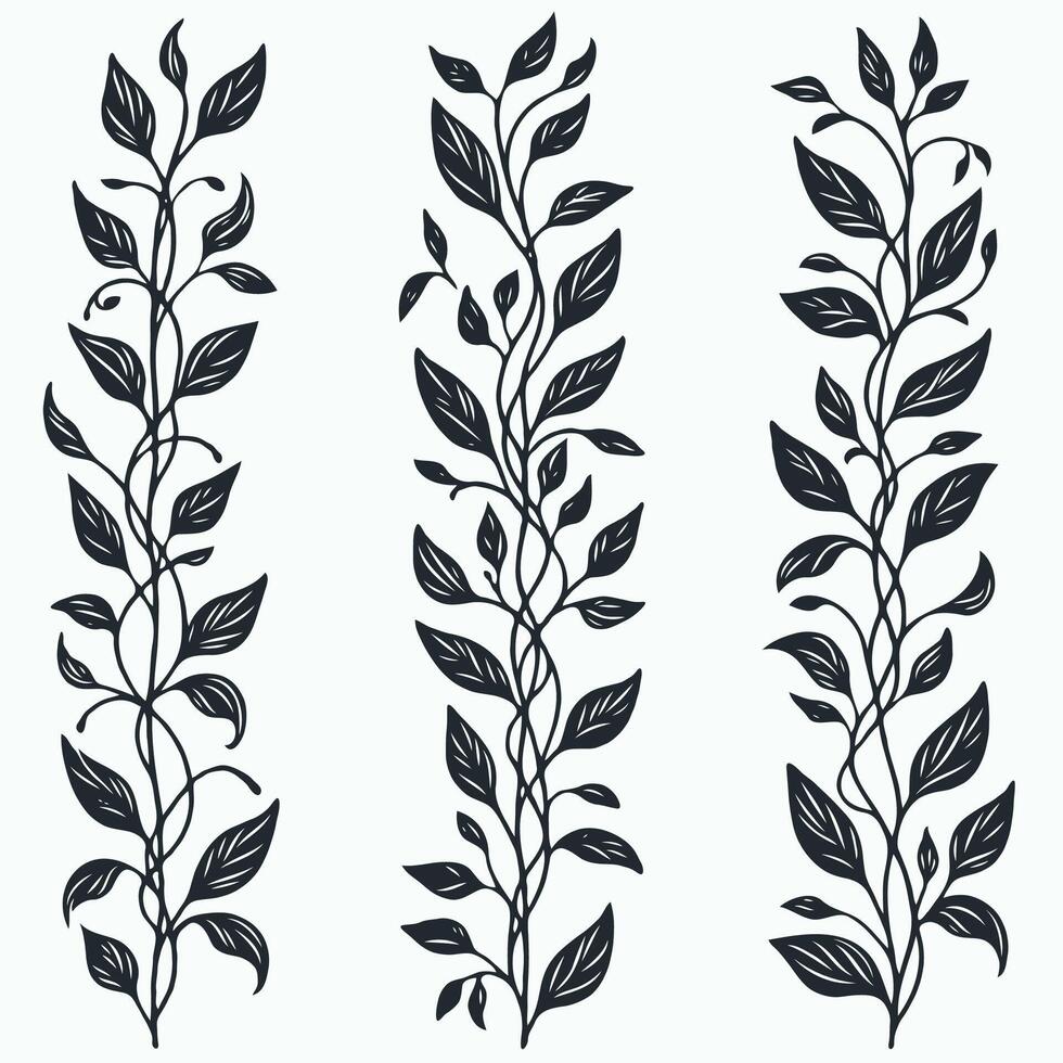 Hand drawn border branches Botanical drawing. Simple line art frieze, stems illustration. Black and White Meadow herbs. Stylized blooming twigs plants. Set of outline floral vine sketch Leaves border vector